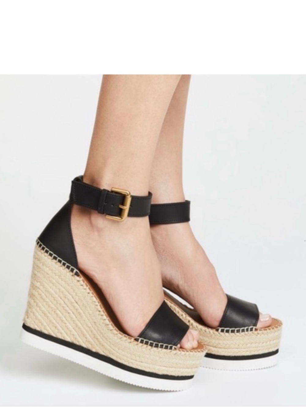 See By Chloe Glyn Black Leather Espadrille Wedge Sandals Size 41/10.5-11 New NWT